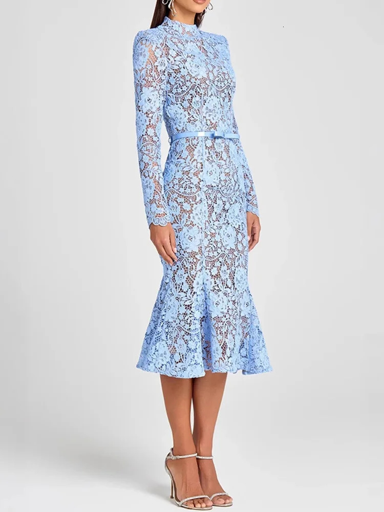 Holiday Round Neck Lace Mini Dres Summer Solid Hollow Out High Street Party Dress 2025 Full Sleeve Elegant Ladies 250829