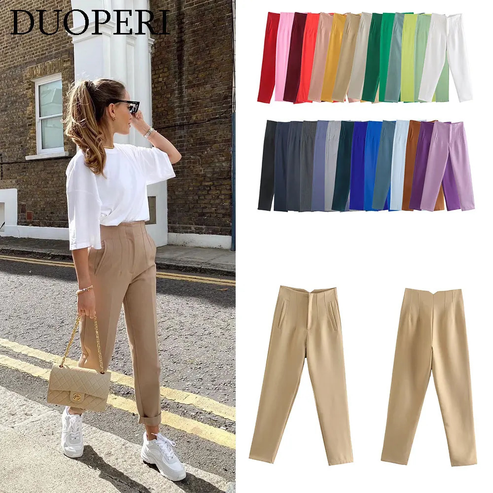 DUOPERI Women Fashion Solid Basic High Waist Trousers Chic Female Office Lady Casual Business Workwear Long Pant 250828