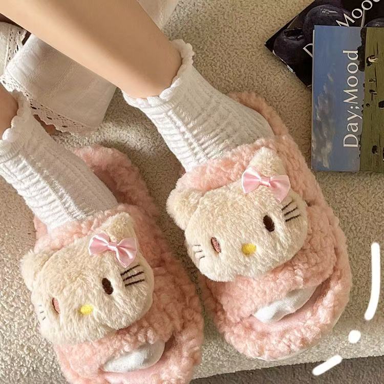 Free shipping Cute Kitten Fur Slippers Cartoon Women'S Outdoor Wear 2025 Autumn And Winter New Flat Bottom Anti Slip Plush Cotton Slippers - view 4