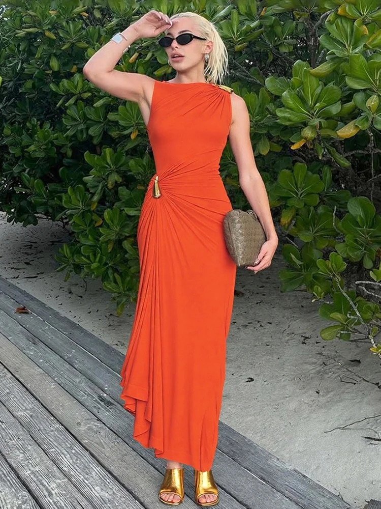 Weird Puss Classic Metal Ruched Women Dress Elegant Crew Neck Sleeveless Irregular Simple Summer Party Trend Stretch Vestidos 250828