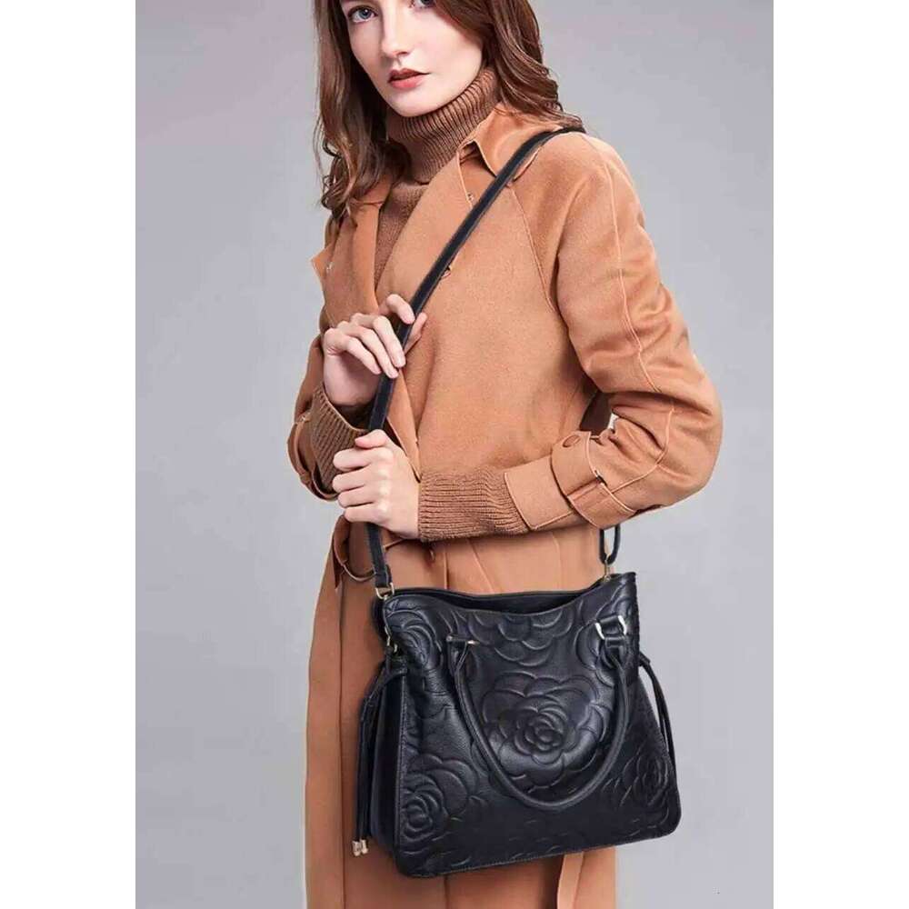 Zency Large Designer Bag For Women Genuine Leather Eme Rose Decorate Crossbody Cowhide Tote Shopper Handbag