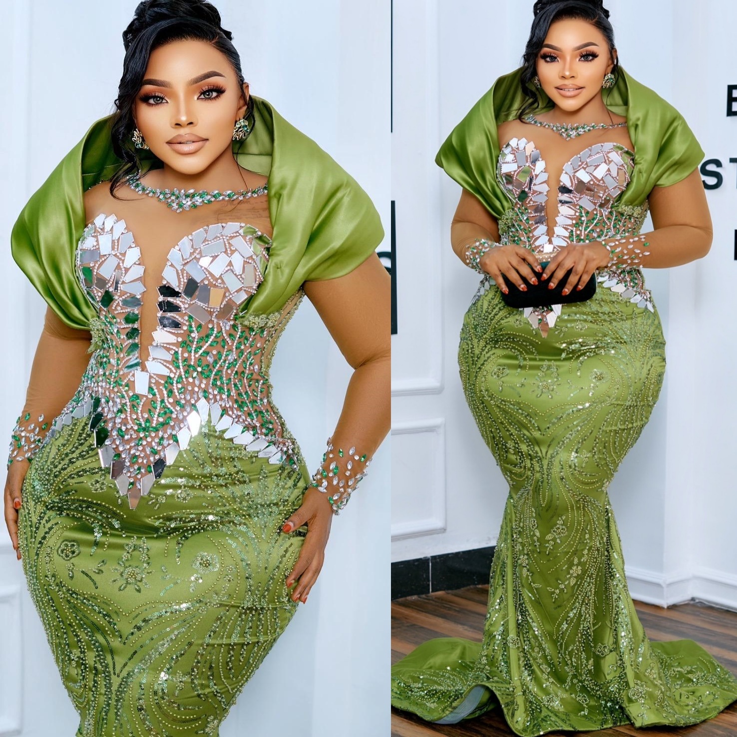 Aso Ebi Mermaid Green Prom Dress 2025 Crystals Full Sleeves African Evening Formal Party Birthday Dresses Robe De Sorrie Reception Gowns For Special O