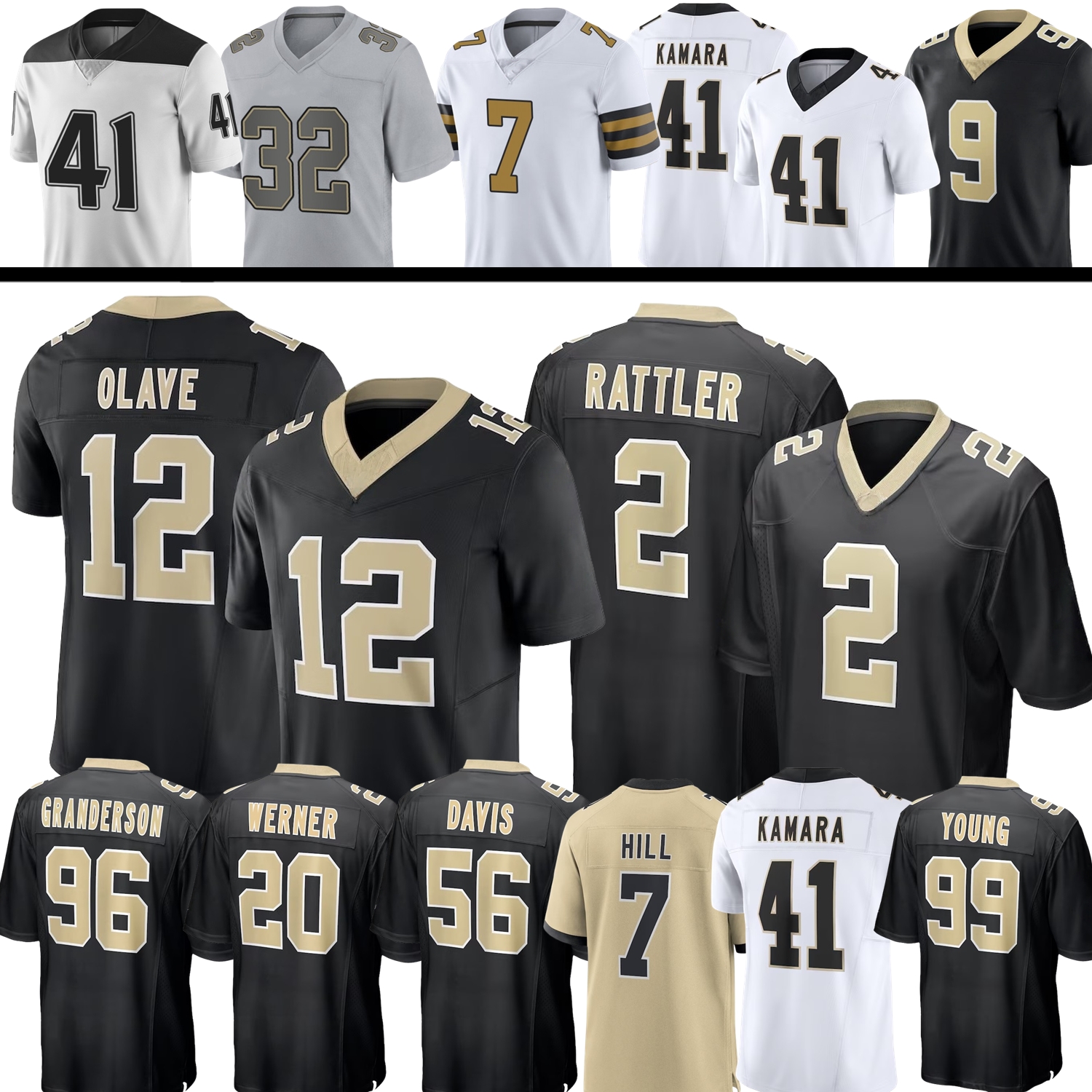 Custom Football Jersey Spencer Rattler Chris Olave Alvin Kamara Drew Brees Taysom Hill Demario Davis Kool-Aid McKinstry Stutsman Granderson Shaheed Miller Akers