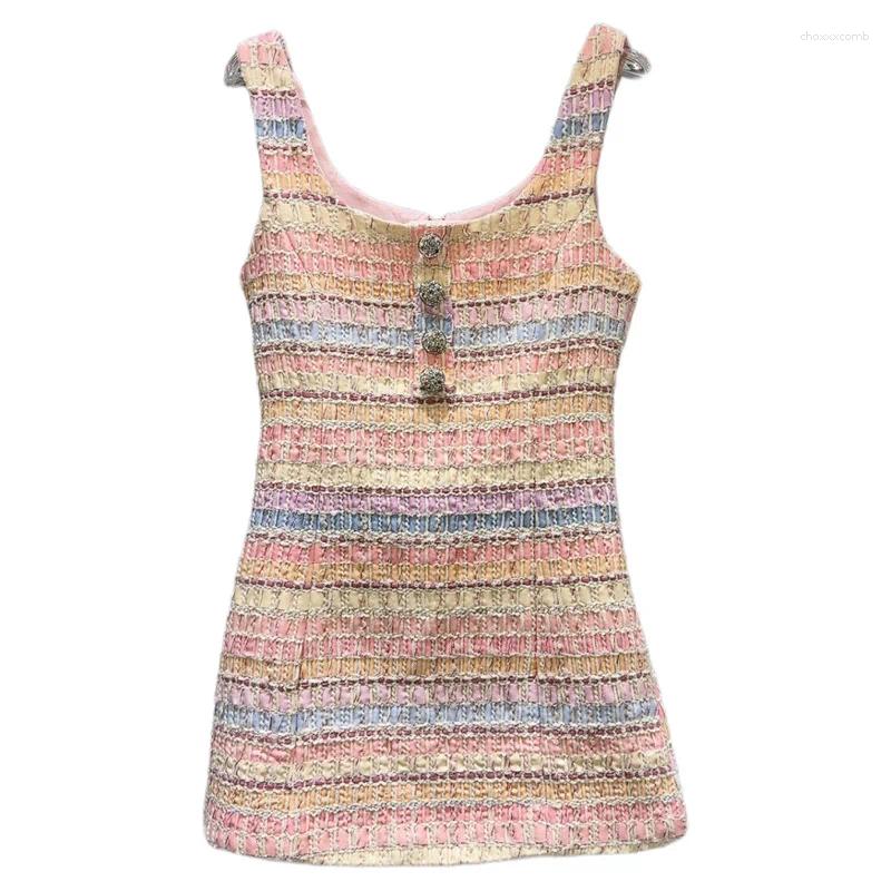 Casual Dresses Female Elegant Contrast Color Sleeveless Dress Summer Fashion Diamond Flower Buckle Woven Tweed Slimming