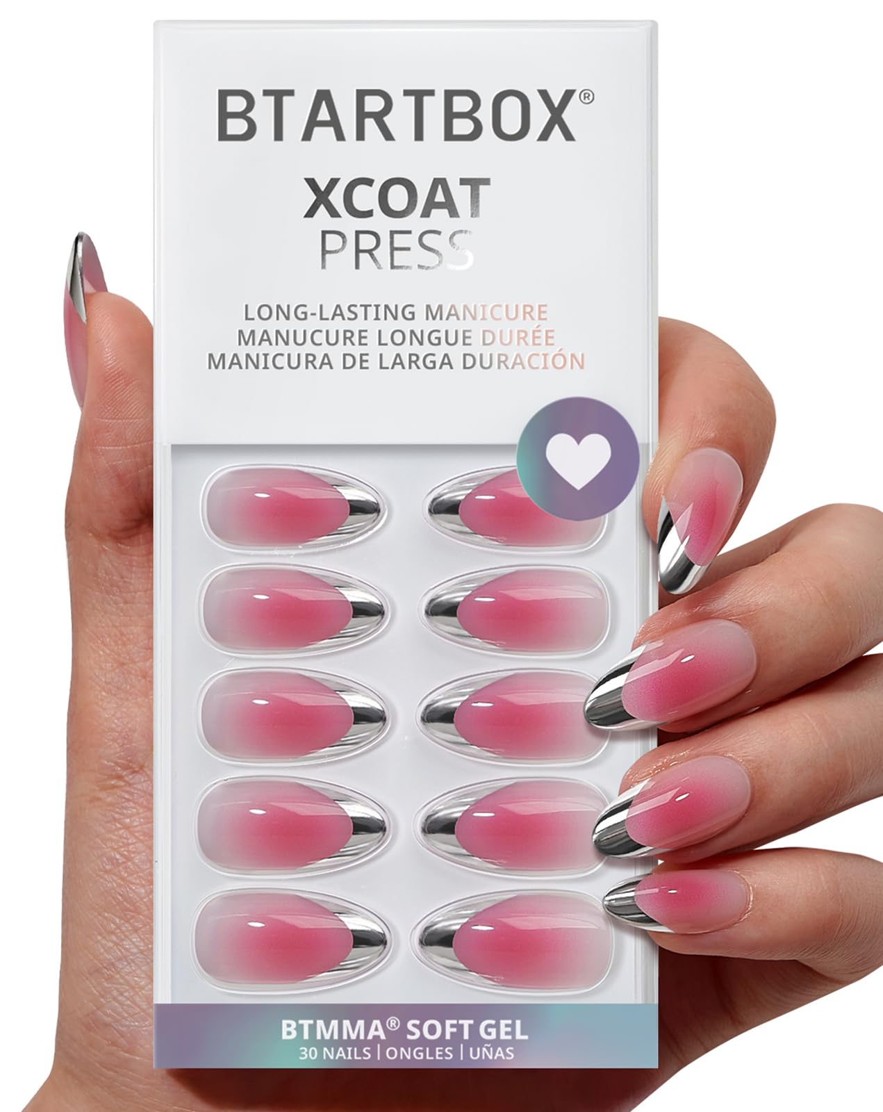 Silver Edged French Powder Blusher Almond Shaped Press On Nails, Unique And Beautiful, Suitable For Women And Girls To Wear At Parties
