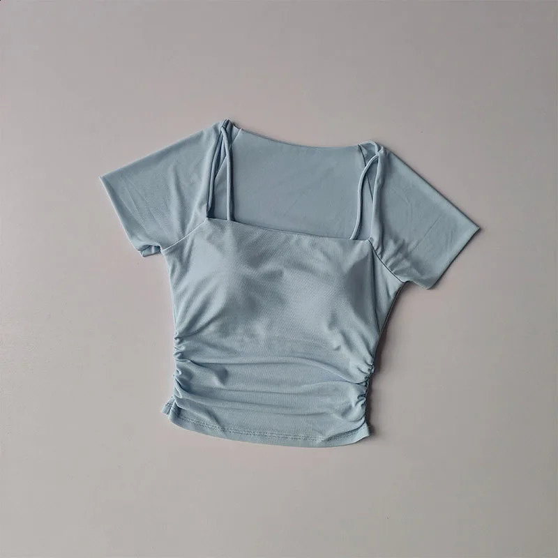 Summer Fake Two Piece Yoga Dress Fixed Chest Cushion Sports Mesh Short Sleeves Wearing Running Sports Fitness Top 250829