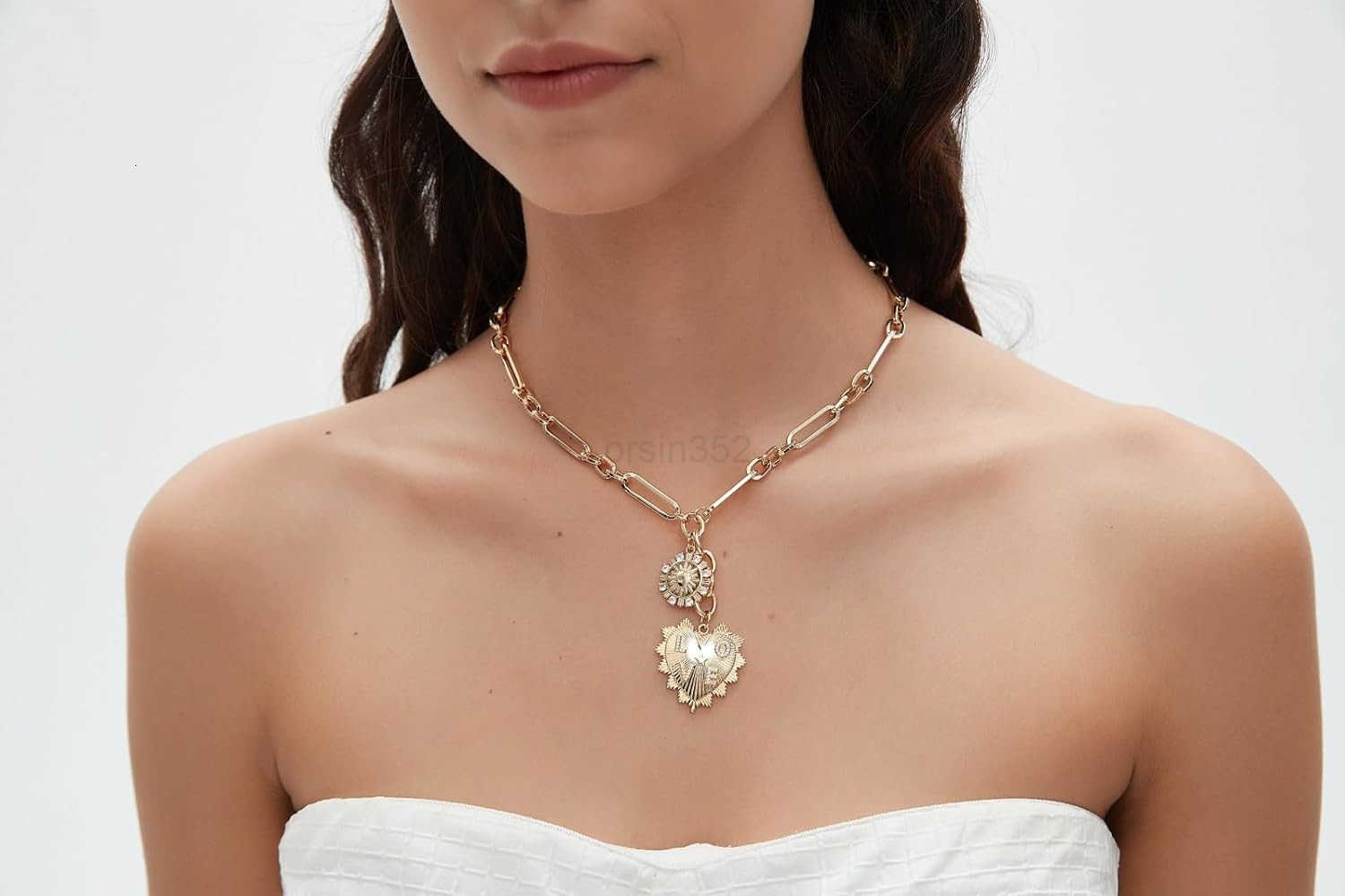 Sun Heart Charm Choker Necklace for Women MenGolden Plated With Zircons Inlaid PendantsThick Chunky Paperclip Chain Hip Hop Necklace Unisex JewelryCub