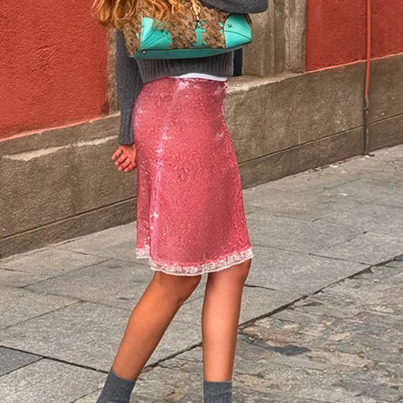 SUCHCUTE Elegant Pink Sequin Skirt for Women Summer Streetwear Fashion Lady Slim Bodycon Skirts Vacation Club Party Skirts Y2K 250828