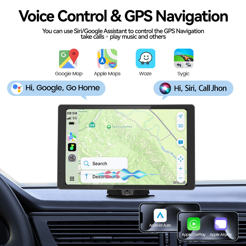 8 inch Car Stereo Touch Screen with Android Auto Carplay, Mirror Link, Car Audio,ADAS,GPS, Bluetooth, Voice Control Function, Long Mounting Holder for