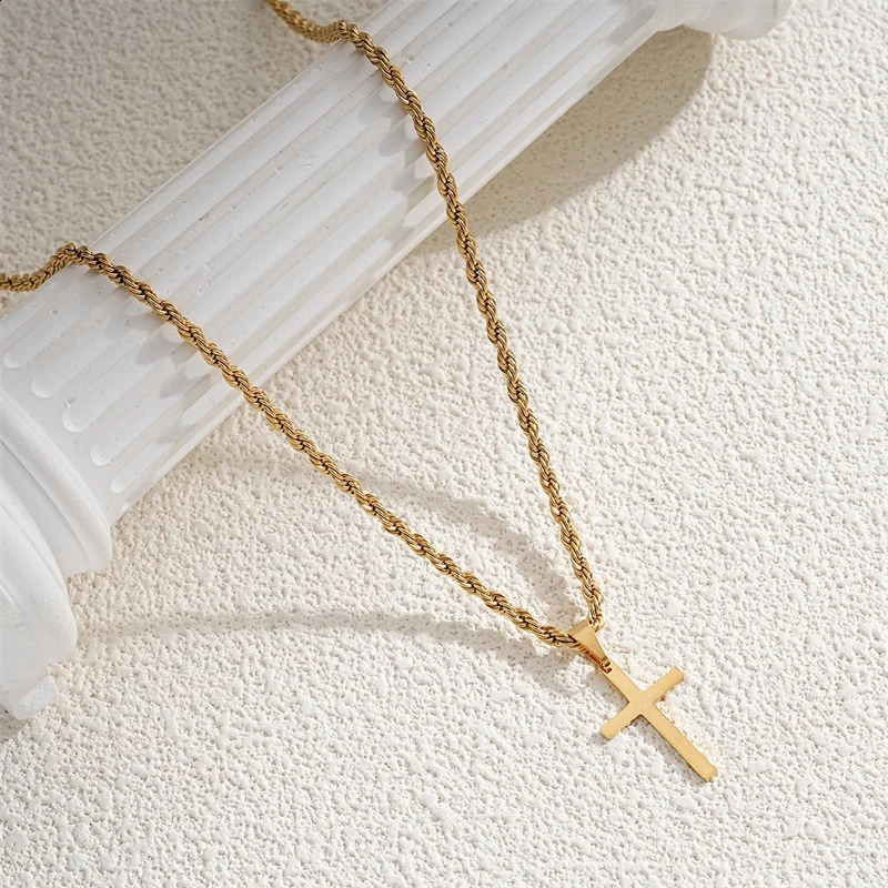 Cross Pendant Necklace for Men Boys Golden Plated Silver Color Simple Twisted Chain Fashionable Jewelry Beach Party Gift250829