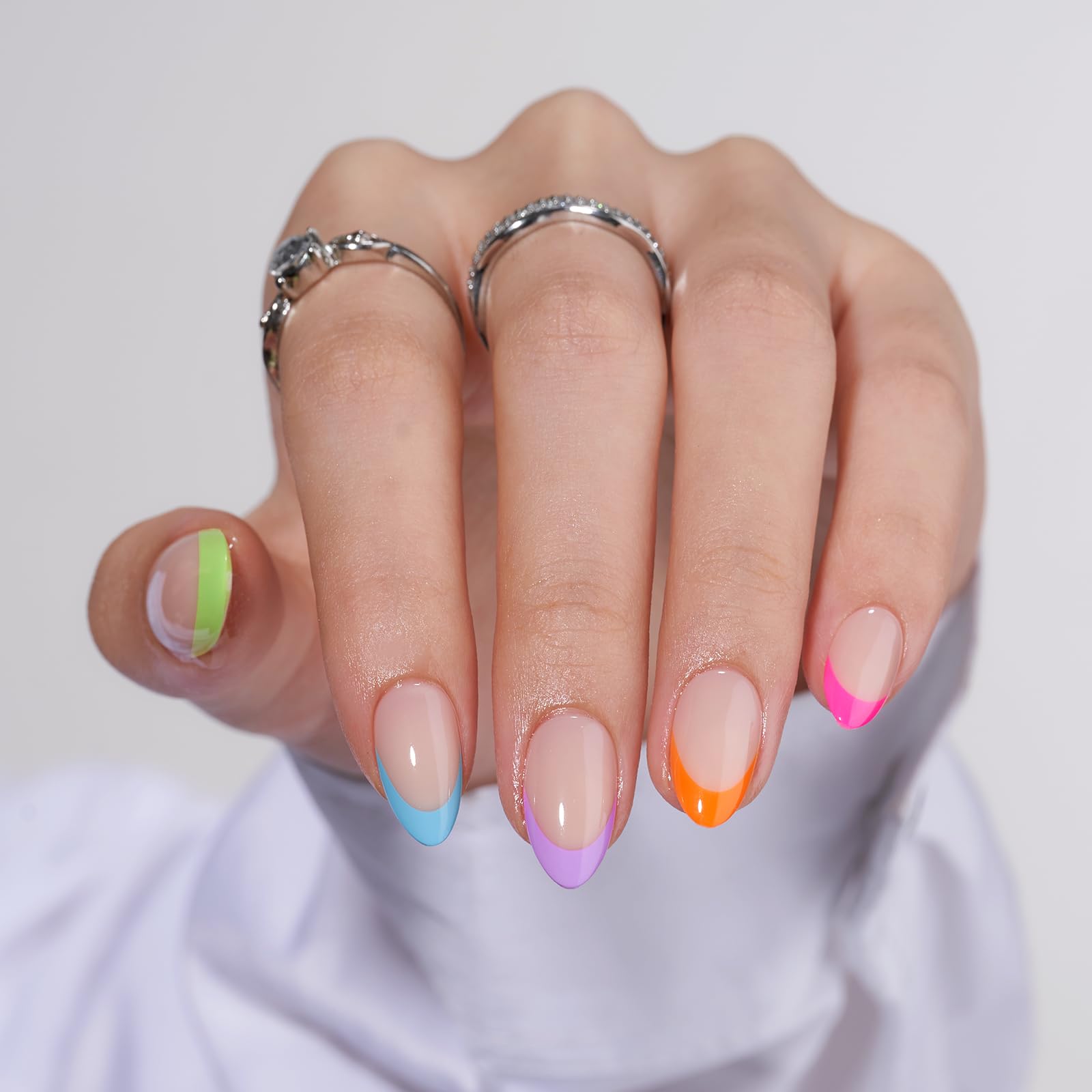 Multi Colored French Edge Press On Nails, Medium Long Almond Shaped Designed For Girls And Women With Dazzling Fashion