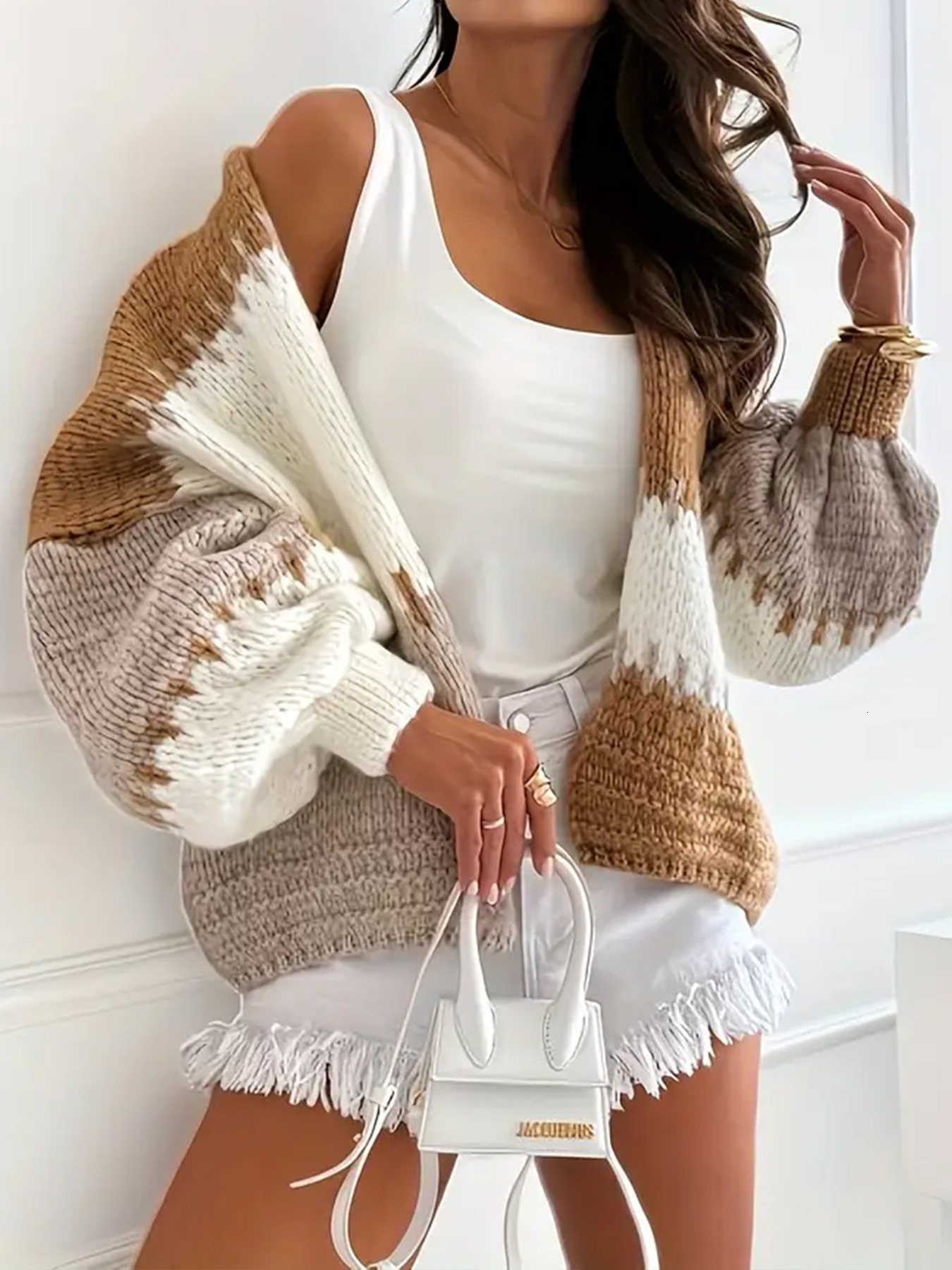 Autumn Winter New Color-Block Knitted Cardigan for Women Loose V-Neck Lantern Sleeve Fashion Casual Sweater Coat ddmysept