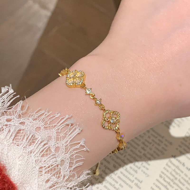 Gold - Toned Clover Bracelet, White Shell & CZ Sparkle, Adjustable Slider, French - Chic Vibe, Delicate Jewelry Accessory