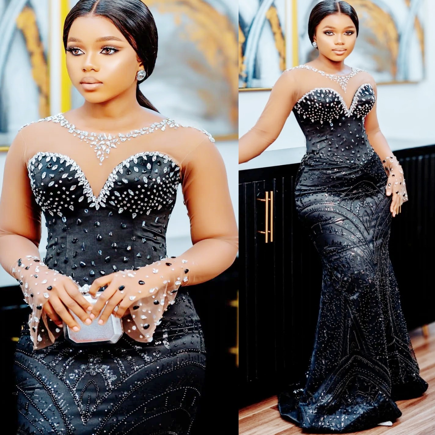 Aso Ebi Mermaid Black Prom Dress 2025 Crystals Sequined African Sparkly Evening Formal Party Birthday Dresses Robe De Sorrie Reception Gowns For Speci