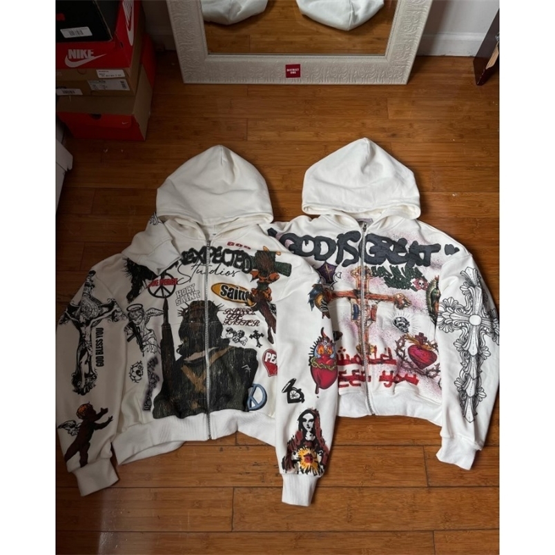 Y2K geometric pattern letter print street hiphop zipper hoodie for men 2024 versatile autumn and winter warm sweatshirt250828