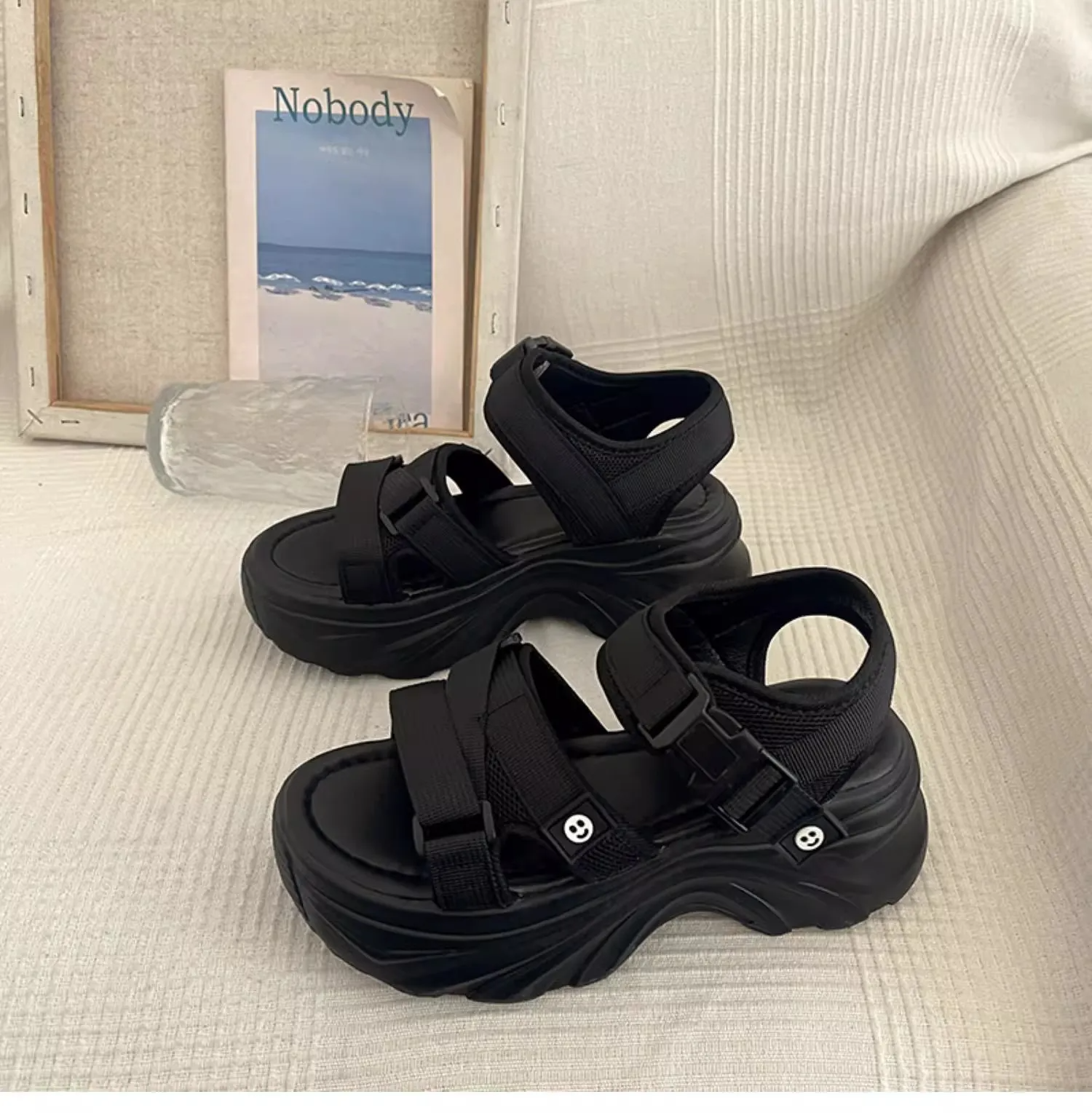 New Flat Nylon Metal Buckle Strap Mules Thick Sole Slides Platform Shoes Women Summer Slippers