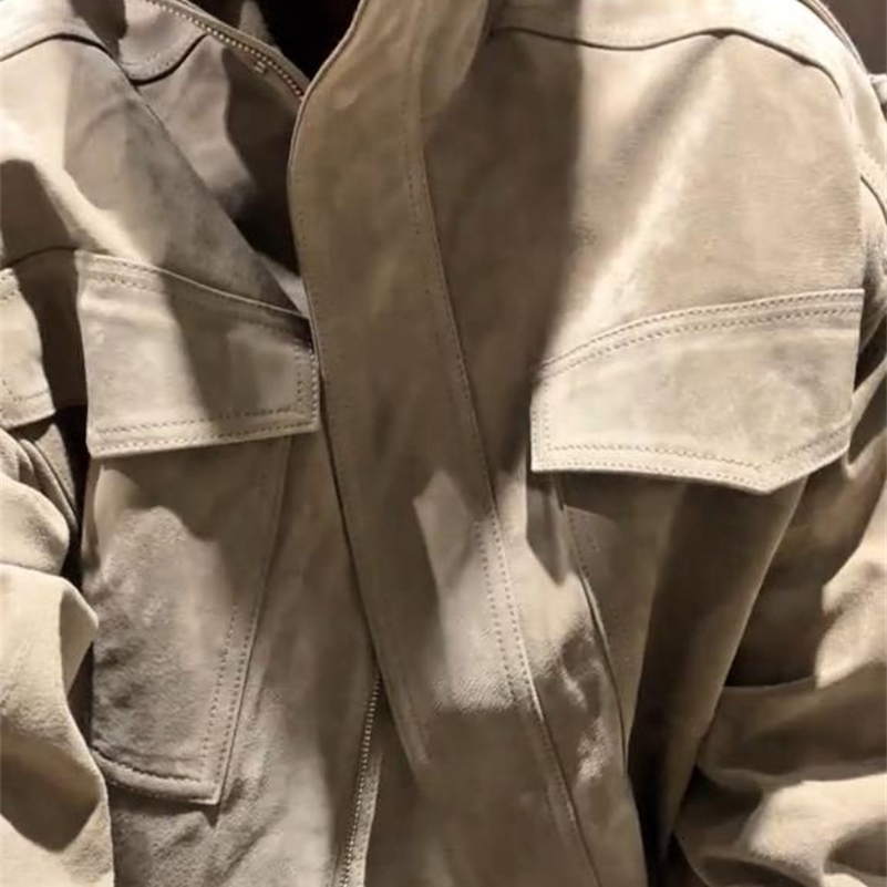 Fashion Loose Khaki Suede Jacket Women Lapel Zipper Long Sleeve Pockets Coat Female 2025 Spring Autumn Vintage High Street Tops 250828