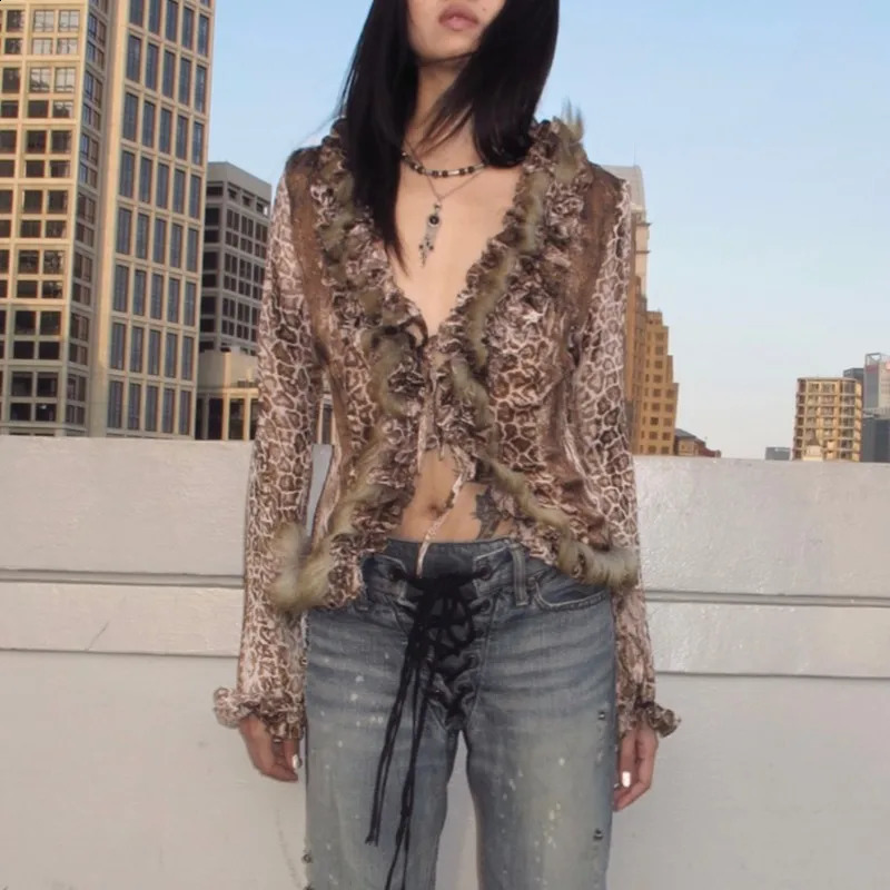 Karrram Japanese Y2k Leopard Print Shirt Vintage Harajuku Fur Shirt Grunge Aesthetics Vneck Irregular Blouses American Retro 250828