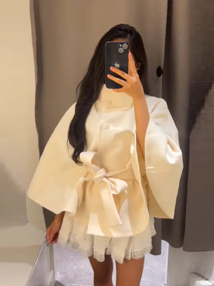 Woman Elegant Vintage Cape Coat Loose Stand Neck Belt Single Breasted Female Streetwear 2025 Autumn Winter Casual Lady Outwear 250828