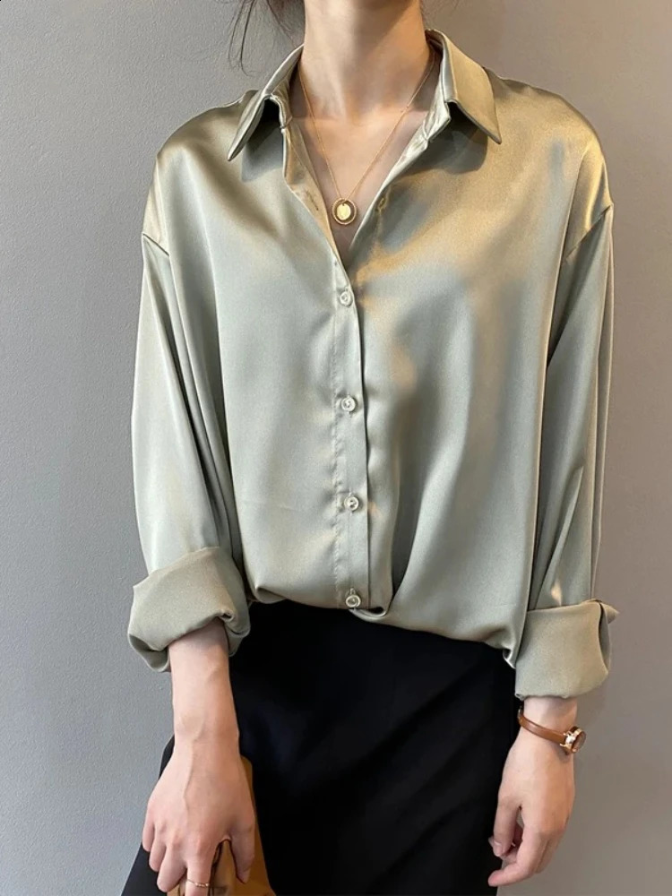 2025 Elegant Satin Loose Women Shirt Spring Turndown Collar Ladies Blouse Autumn Vintage Casual Button Silk Tops yy250828