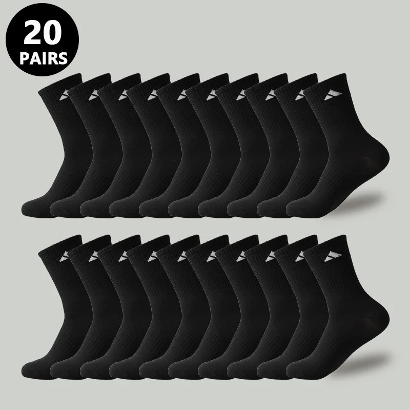 20 Pairs Mens High Waist Solid Unisex Sports Socks Black White Breathable MidCalf Casual AllSeason Simple Versatile 250829