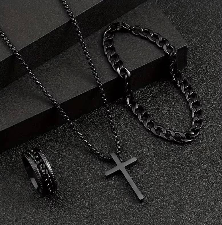 3PCS OEM Popular Black Cable Chain Bracelet Rings Metal Cross Pendant Necklace for Men Seaside Vacation Party Jewelry Gift Set