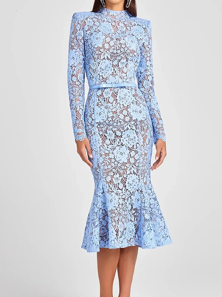 Holiday Round Neck Lace Mini Dres Summer Solid Hollow Out High Street Party Dress 2025 Full Sleeve Elegant Ladies 250829