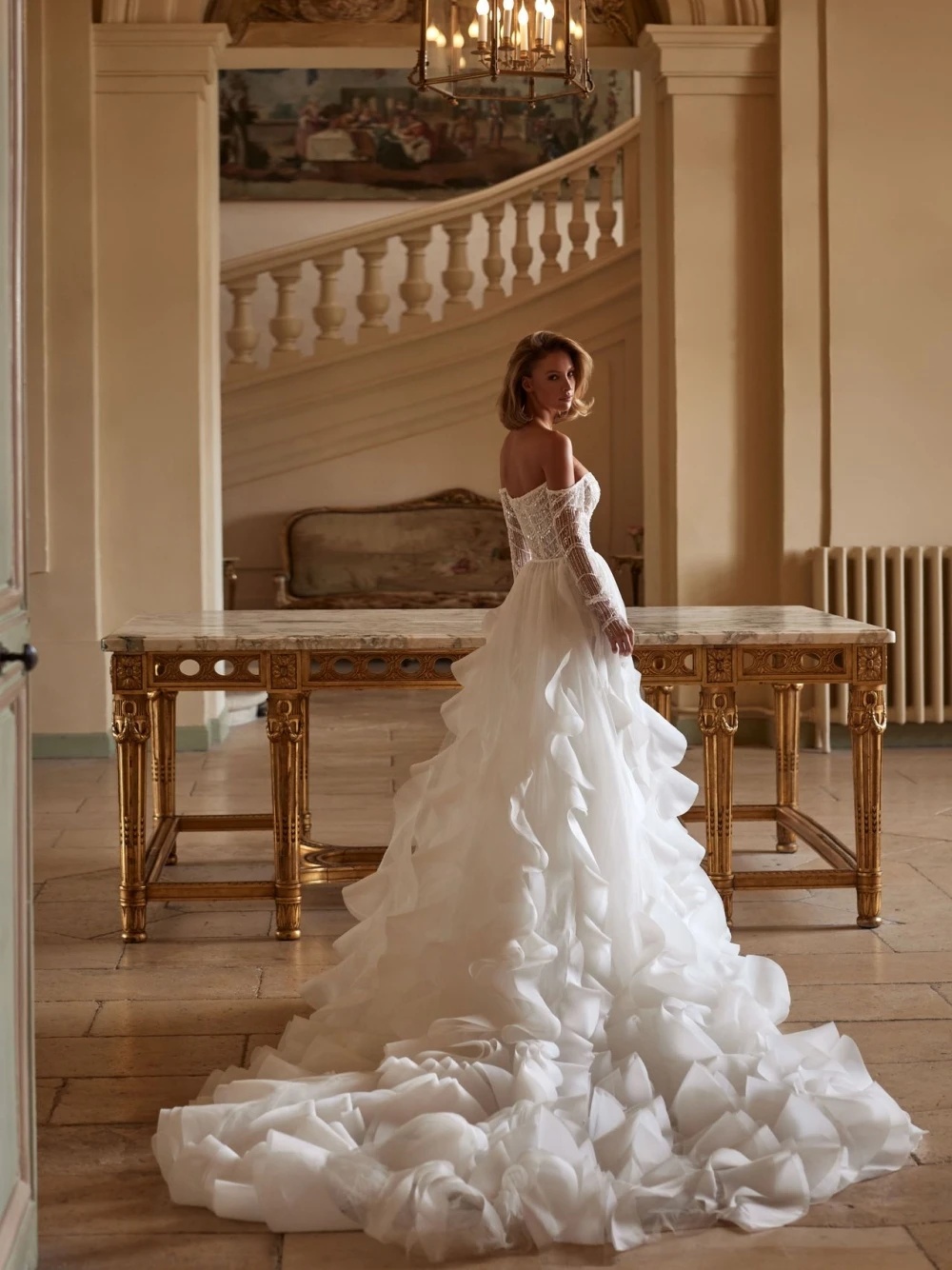 Graceful Mermaid Wedding Sequins Bridal Gowns with Overskirts Off Shoulder Ruffle Train Custom Made Bride Dresses Vestidos De Novia Plus Size