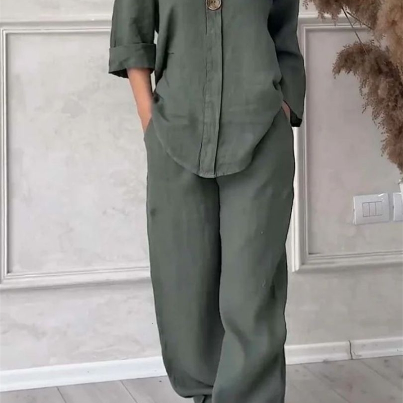 Womens Cotton and Linen Pants Suit Casual Solid Pullover Pants 2piece Set White Pink Simple Wide Leg Pants Two Piece Set Suits 250828