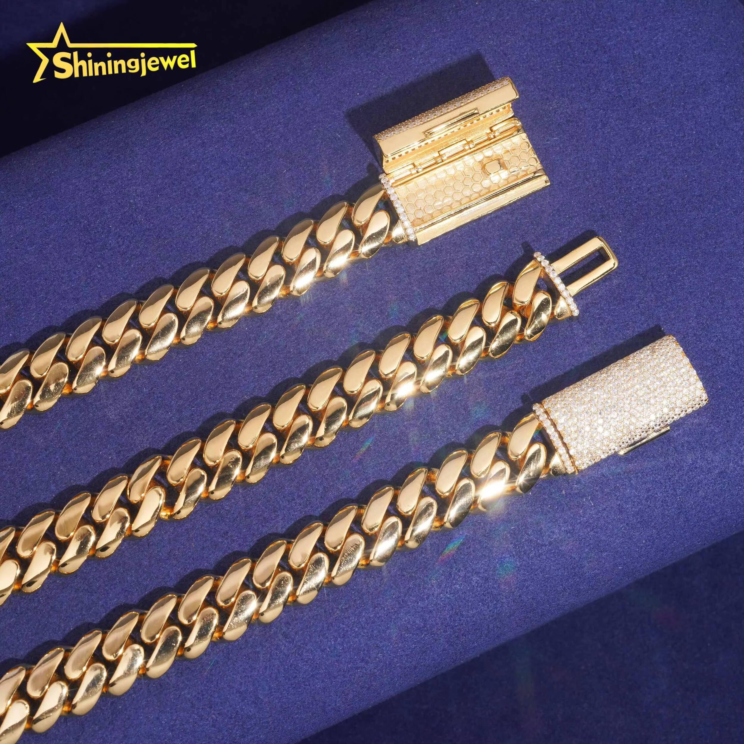 925 Silver 12mm Gold Plated Plain Cuban Link With Moissanite Lock Hip Hop Jewelry Custom Cuban Link Chain for Rapper