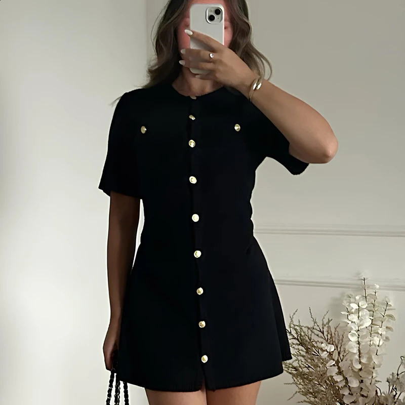 White Elegant Knitted Mini Dress For Women Metal Button Sexy Slim Rib Sweater Holiday Party Outfits Autumn 2024 250828