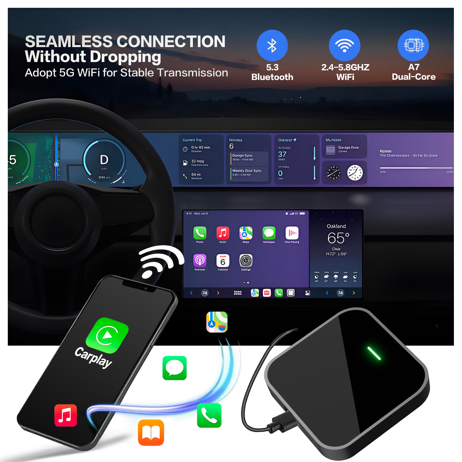 KOWANKIT Wireless CarPlay Android Auto Ai Box, Plug & Play Dongle Converts Wired To Wireless, Car Accessories, Interior, Watch Netflix YouTube in Car 