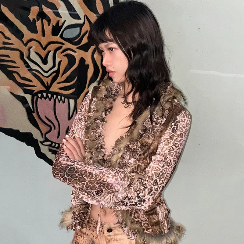 Karrram Japanese Y2k Leopard Print Shirt Vintage Harajuku Fur Shirt Grunge Aesthetics Vneck Irregular Blouses American Retro 250828
