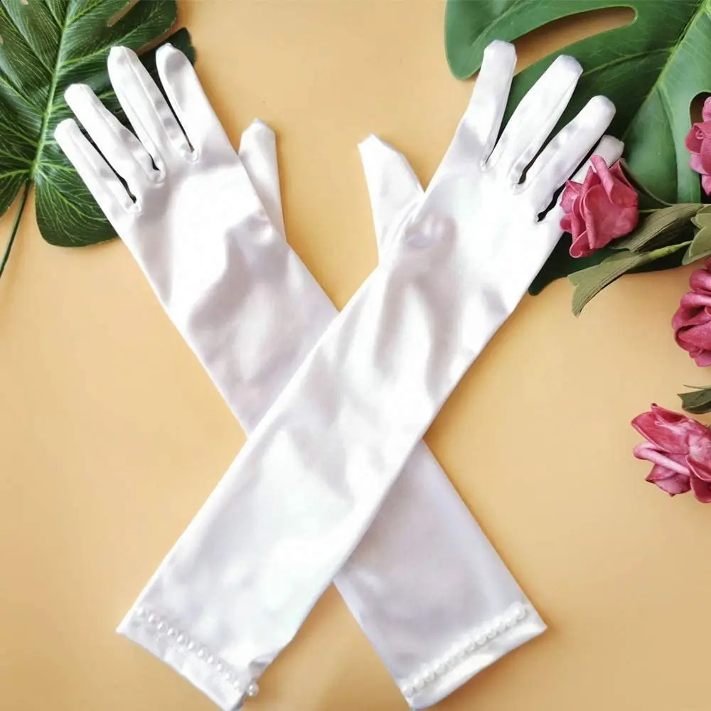 1 Pair Little Girls Long Princess Costume Glove White Dress Up Beading for Kids Party Wedding Birthday 250828