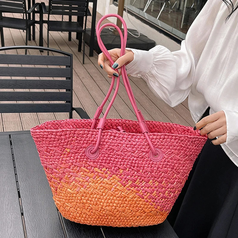 Colorful Straw Woven Beach Bag Large Capacity Underarm Basket Seaside Holiday Spaciou Shopper Tote Handbag 250829