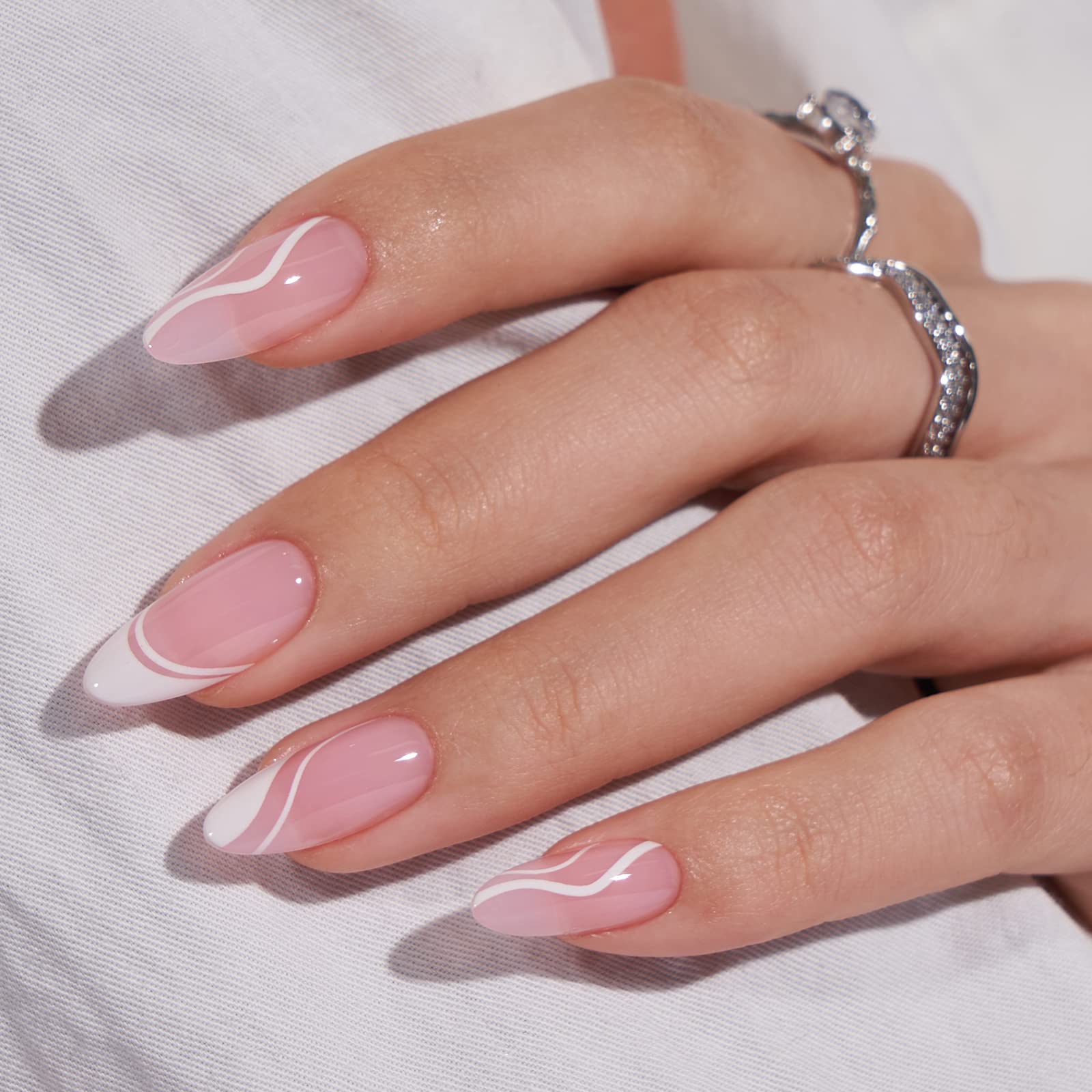 24pcs Paired With White French Border And White Thread Press On Nails, Gentle And Elegant, Suitable For Girls And Women To Wear Daily