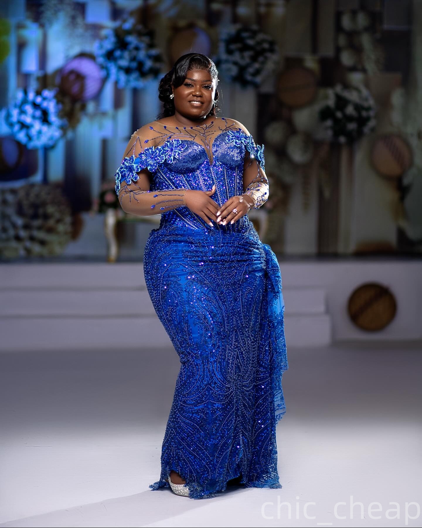 Aso Ebi Royal Blue Sheath Prom Dress 2025 Flowers Crystals African Evening Formal Party Birthday Dresses Robe De Sorrie Reception Gowns For Special Oc