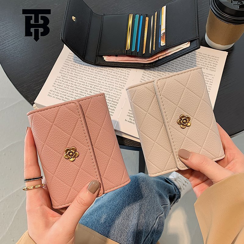 TB BHULAMTE Luxury Small Fragrant Women's Wallet Short Handbag New Camellia Design High End Grid Coin Bag Buckle Multi Card Slot Card Bag Free Sh