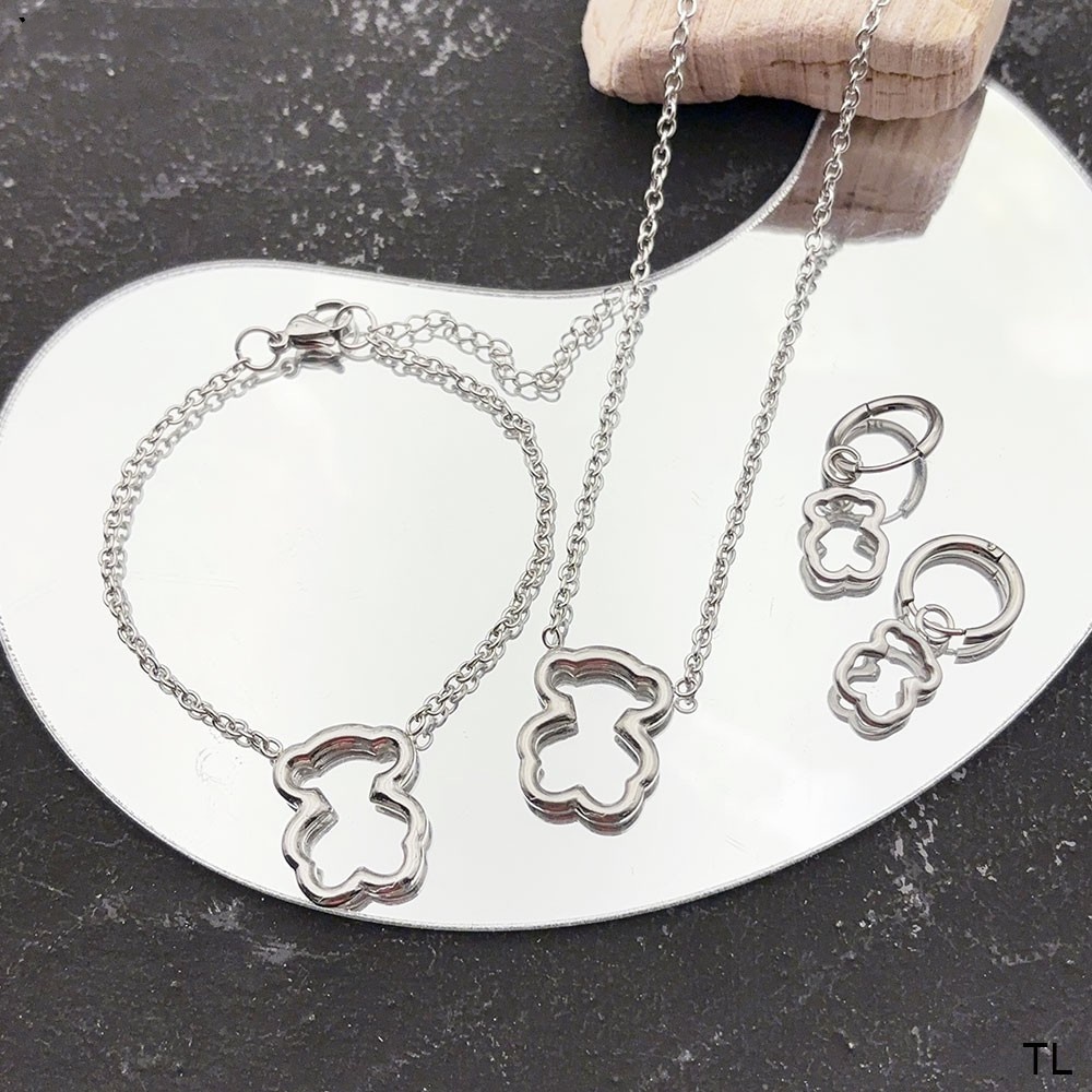 New Fashion Women Men Silver Gold Stainless Steel Round Bear Green Heart Black Glass Cartoon Animal Pendant Necklace Earrings Sets Jewelry