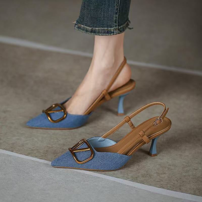 Free Shipping 2025 Elegant Pointed Toe Stiletto Heels Denim Pump Shoes Women's Fashion High Heels Sandals