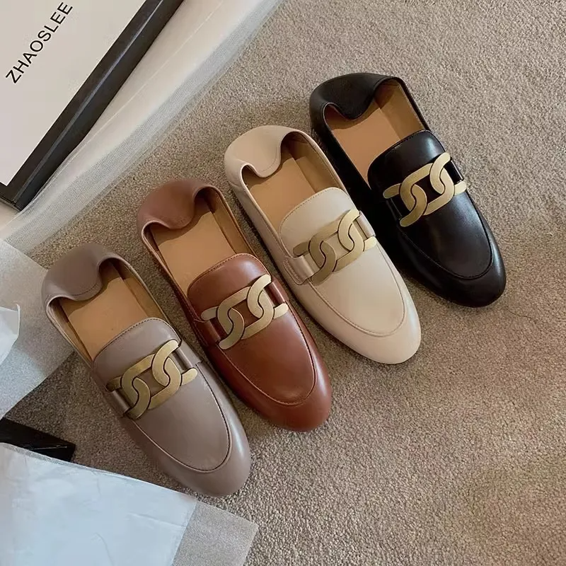 Metal Spring New Chain Woman All Match Flats Brand Designer Small Leather Shoes Preppy Girls Moccasins Ladies Loafers