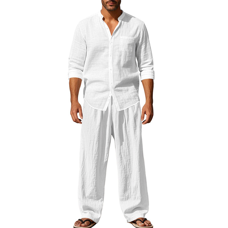 Men's Linen Shirt Pants Set American Style Casual Beach Outfit Breathable Loose Fit Four Seasons Ready Stock R250829