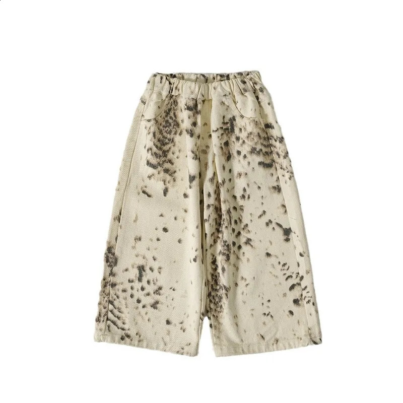 Korean Style 28Y Boys Jeans Spring Autumn Kids Apricot Leopard Print Casual Wide Leg Pants Children Versatile Trousers A05038 250828