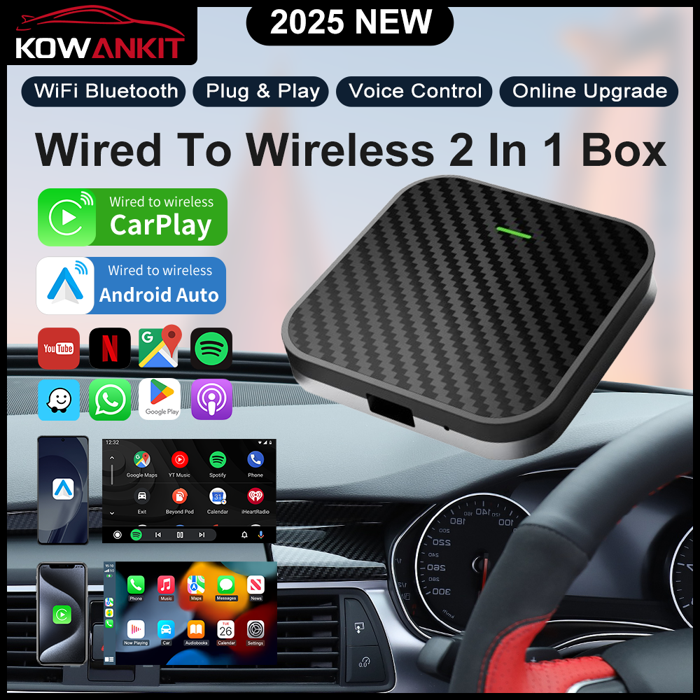 KOWANKIT Wireless CarPlay Android Auto Ai Box, Plug & Play Dongle Converts Wired To Wireless, Car Accessories, Interior, Watch Netflix YouTube in Car 