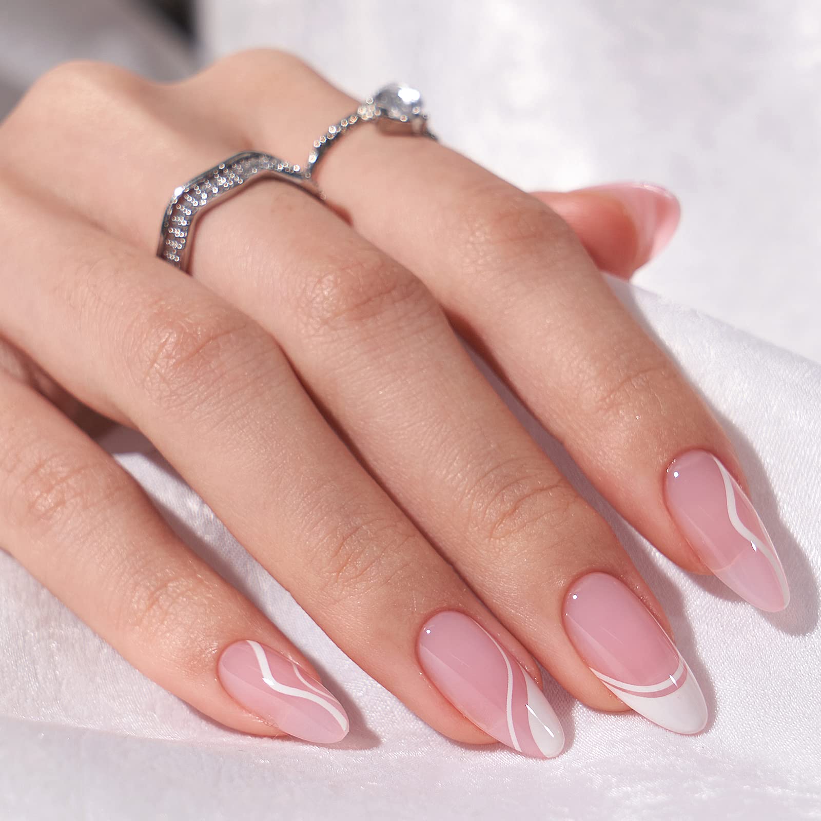 24pcs Paired With White French Border And White Thread Press On Nails, Gentle And Elegant, Suitable For Girls And Women To Wear Daily