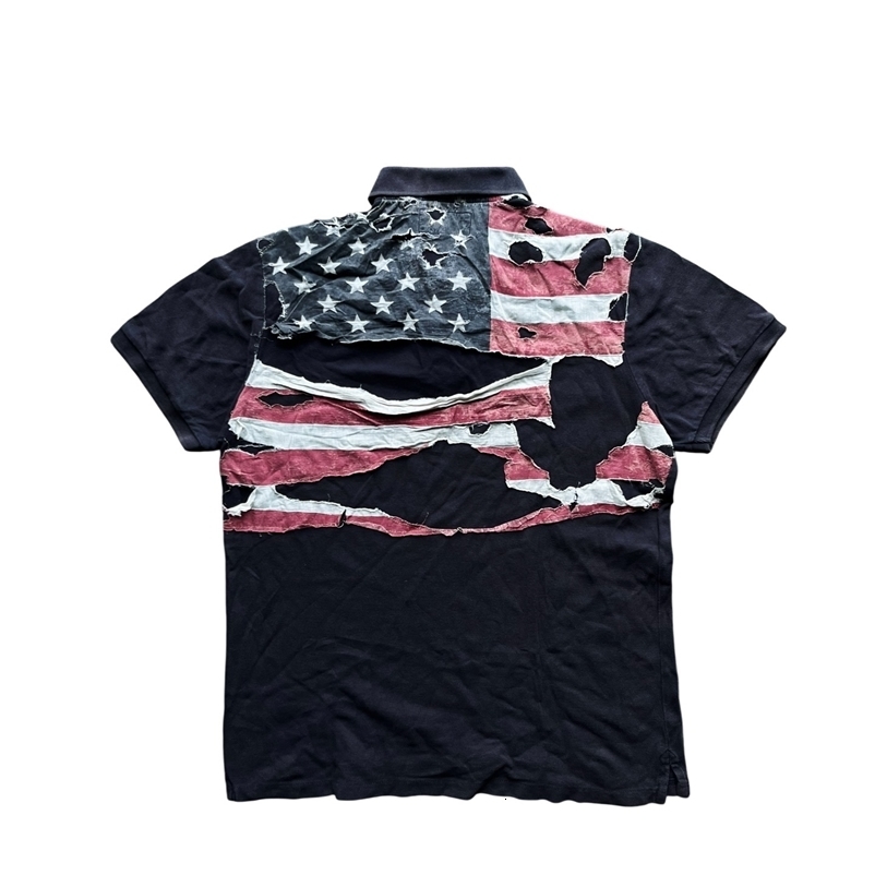 America Retro Flag Polo Shirt Streetwear Men Women Hip Hop Tear Patchwork Short Sleeve Shirt Y2k Cotton Top Baseball Clothing 250828