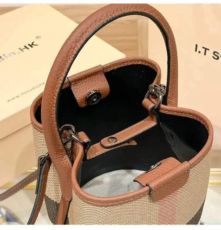 Canvas Leather Women Fashion Barrel Bucket Plaid bag Shoulder Crossbody Bags Female Purses And Handbags Ladies Bag