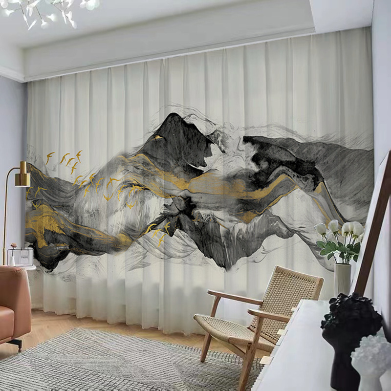 YL-37056 Chinese style ink landscape painting, new Chinese style curtains, new mesh curtains, classical and simple living room window curtain