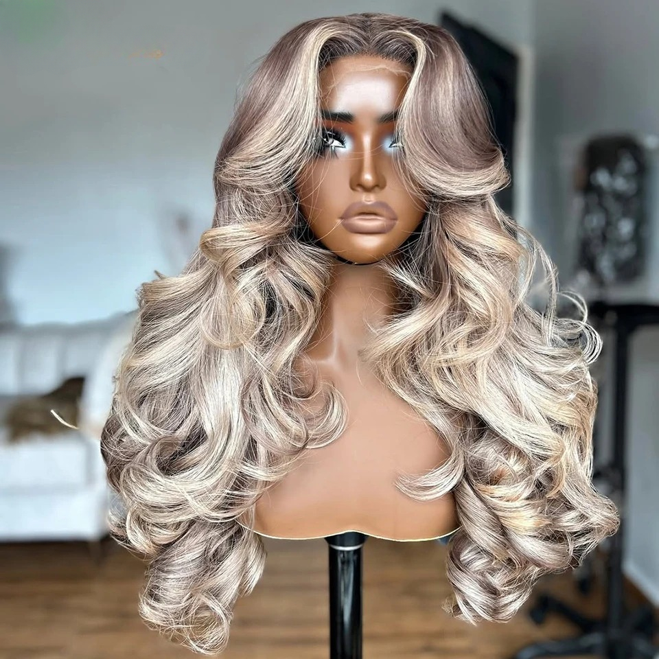 Highlight Ash Blonde Color Pre-Cut 13x4 13x6 HD Transparent Lace Frontal Wig Gluelesss Body Wave Pre-Plucked 180% Density Human Hair Wig For Women