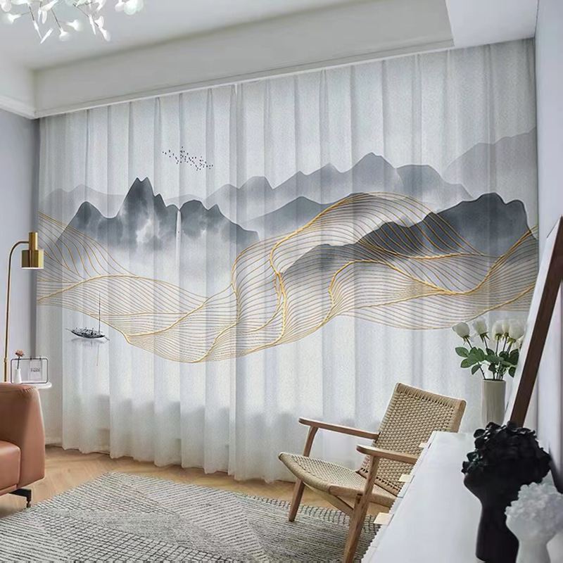 YL-37120 Chinese style ink landscape painting, new Chinese style curtains, new mesh curtains, classical and simple living room window curtain